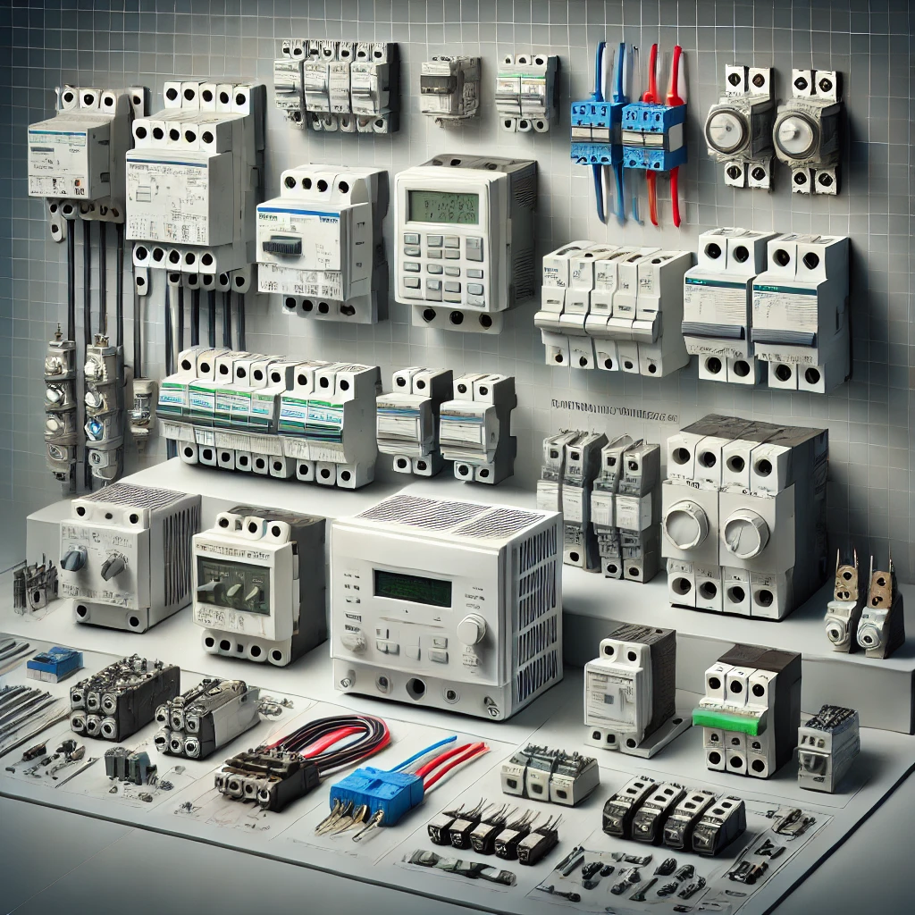 تصویر قطعات الکتریکی مانند اینورتر، کلید اتومات، فیوز مینیاتوری و رله